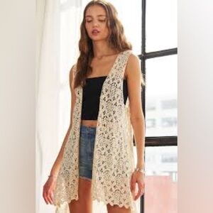 Vintage Cream Crochet Openwork Sleeveless Cardigan